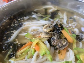 High angle view of soup in bowl