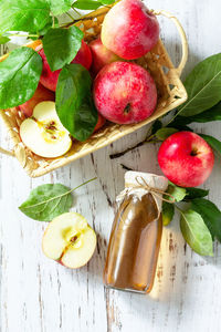 High angle view of fruits and leaves on table