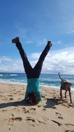 Rear view of man performing headstand by dog at beach against sky