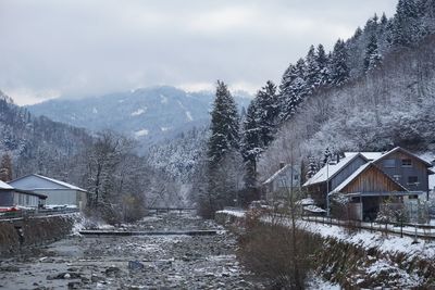 Snow covered house by trees against sky