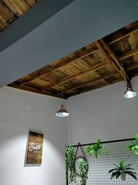 Low angle view of illuminated pendant light hanging on ceiling in building