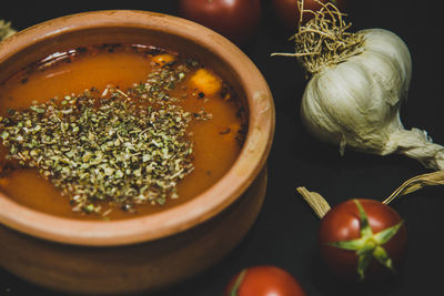 Close-up of tomato soup in bowl