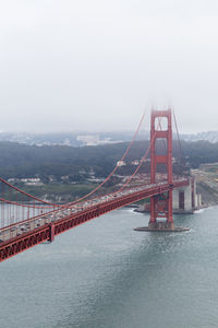 Golden gate bridge over sea against clear sky