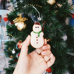 Close-up of hand holding christmas tree