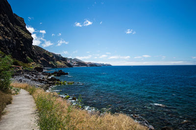 Scenic view of sea against blue sky