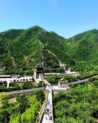 High angle view of road by mountain against sky