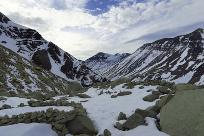 Scenic view of snow covered mountains against sky