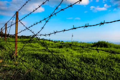 Barbed wire fence on field against sky