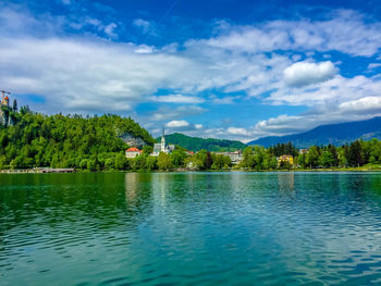 Scenic view of lake by trees against sky