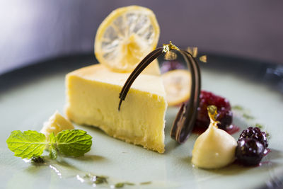 Close-up of fruits in plate on table