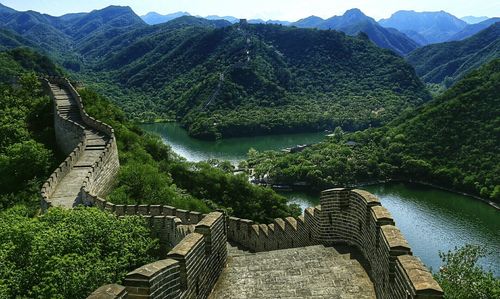 High angle view of great wall of china on mountains
