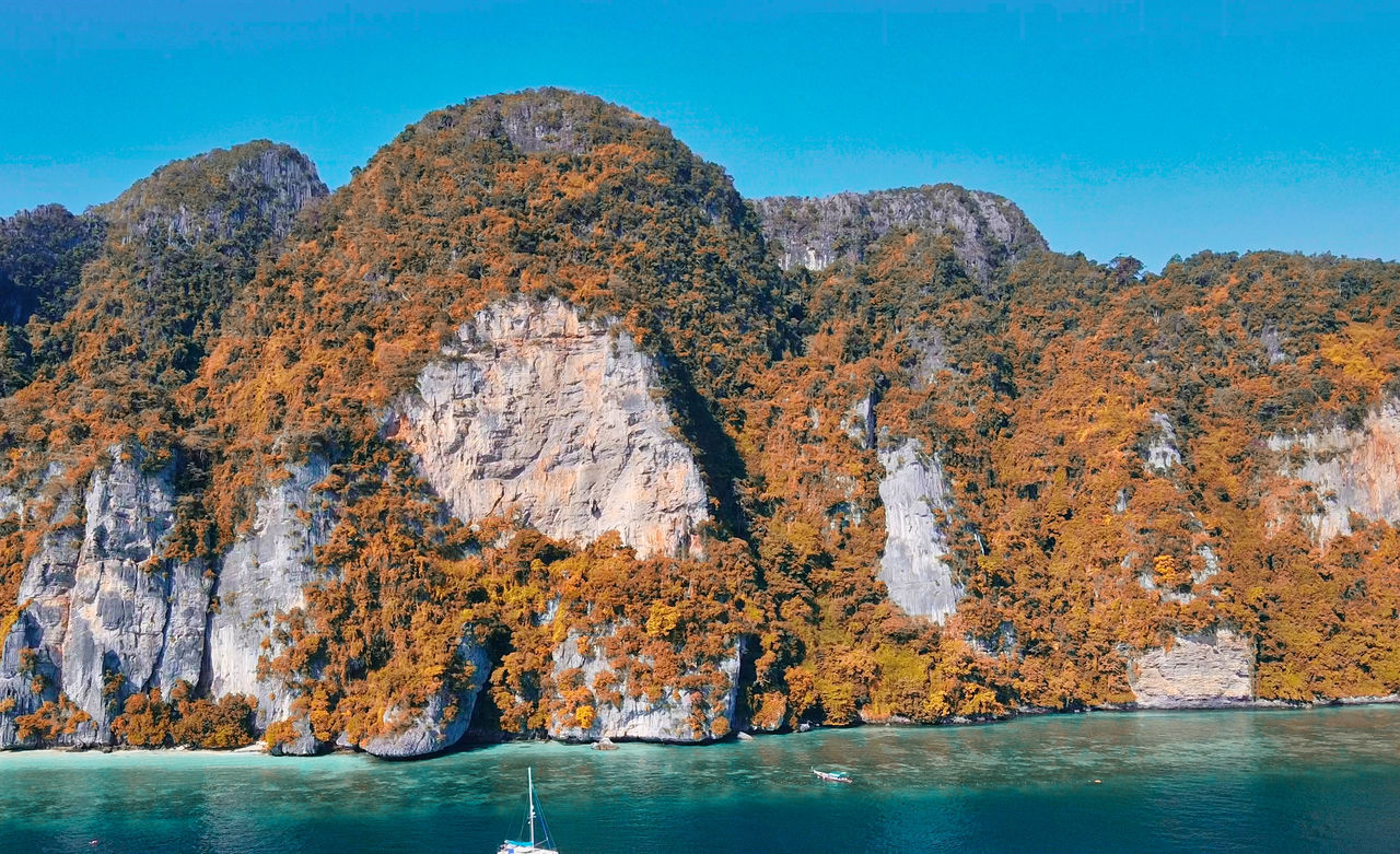 SCENIC VIEW OF ROCK FORMATIONS IN SEA AGAINST SKY