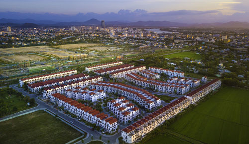 High angle shot of townscape against sky