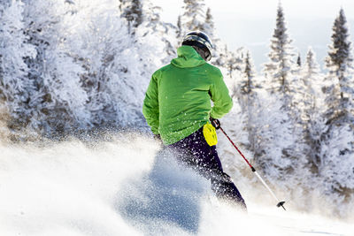 Rear view of man skiing in snow covered forest