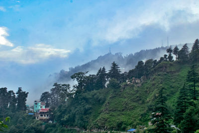 Panoramic view of trees and mountains against sky