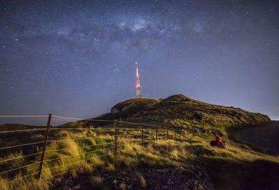 Countryside landscape against starry sky