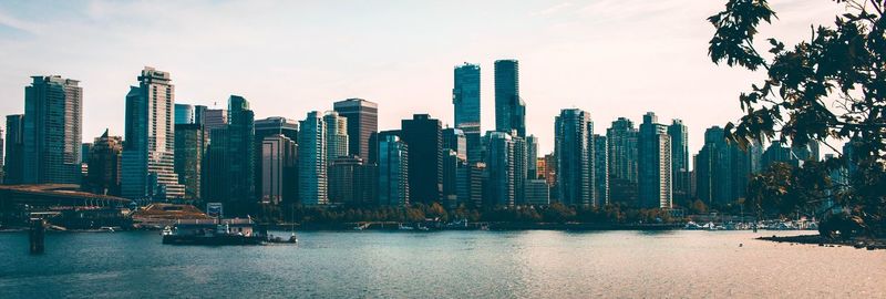 Panoramic view of modern buildings in city against sky