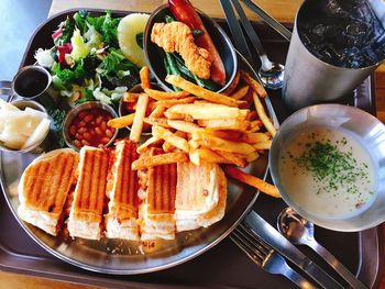 High angle view of meal served on table