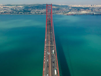 High angle view of april 25th bridge over tagus river