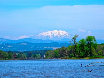 Scenic view of lake and mountains against sky