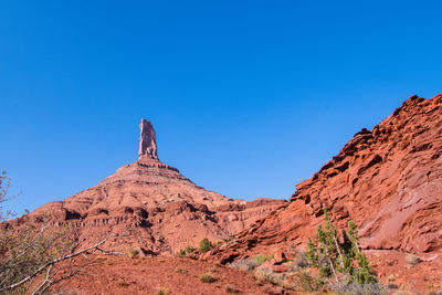 Low angle view of rock formations against clear blue sky