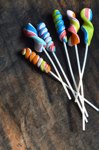 High angle view of colorful candies on table