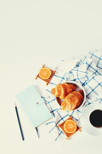 High angle view of breakfast on table