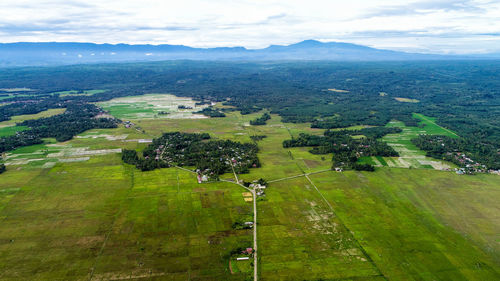 High angle view of field against sky