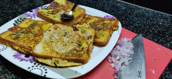 High angle view of breakfast served on table