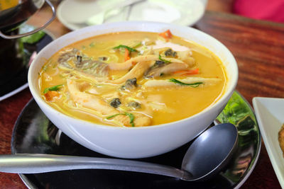 High angle view of soup in bowl on table