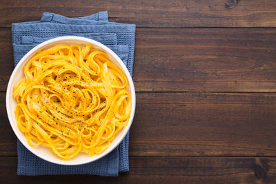 High angle view of noodles in bowl on table