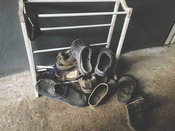 High angle view of shoes on floor