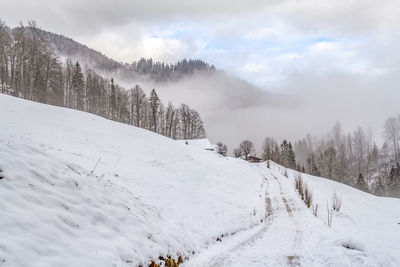 Scenic view of snow covered landscape against sky