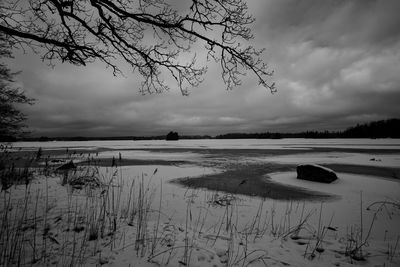 Scenic view of lake against sky during winter