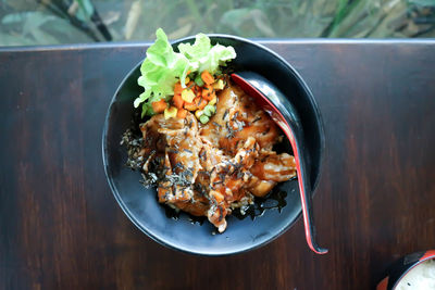 High angle view of meal served on table