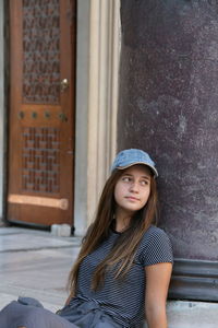Young girl rests sitting after the walk in istanbul