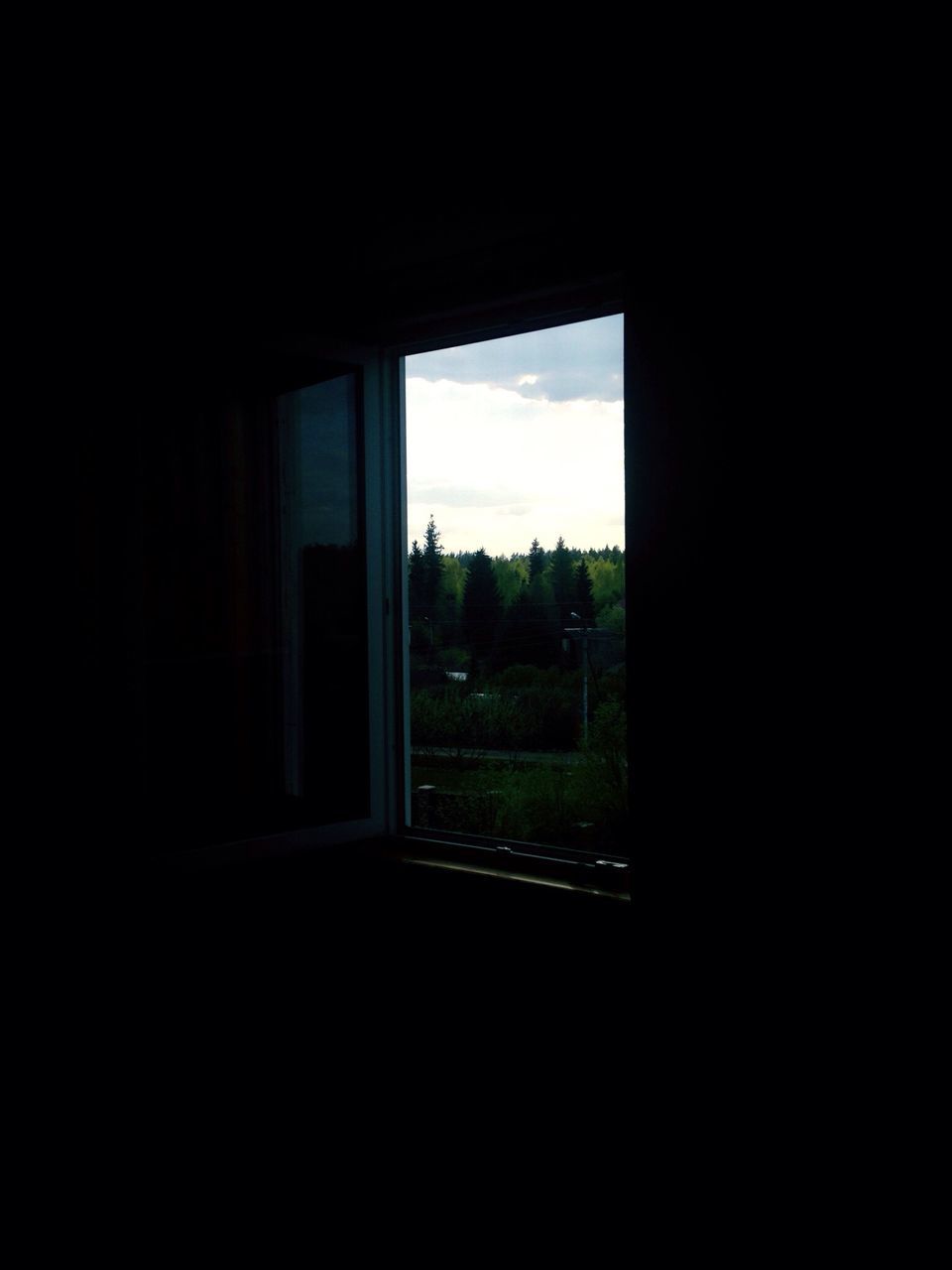 window, indoors, sky, open, home interior, house, tree, dark, cloud, green color, day, blue, nature, rural scene, no people, darkness, darkroom