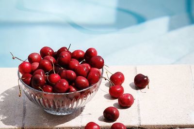 Close-up of cherries in bowl on pool