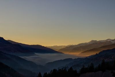 Scenic view of silhouette mountains against sky during sunset