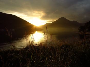 Scenic view of lake against sky during sunset