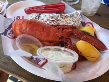 High angle view of food in plate on table