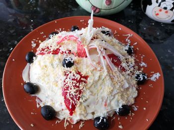 High angle view of breakfast served on table