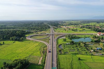 High angle view of agricultural field against sky