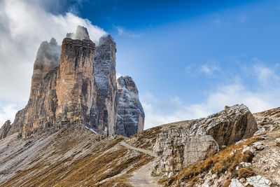 Low angle view of rock formations against sky