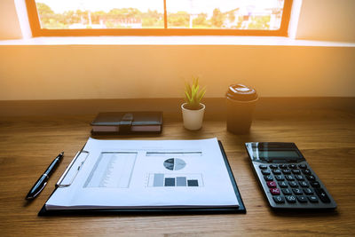 High angle view of objects on table