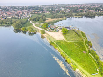 High angle view of river amidst buildings in city