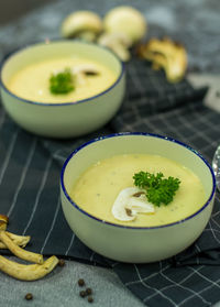 High angle view of soup in bowl
