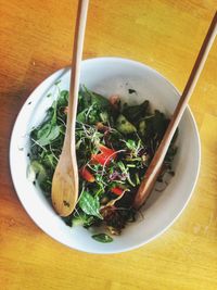 High angle view of food in plate on table