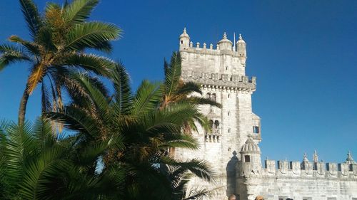 Low angle view of belem tower and palm trees