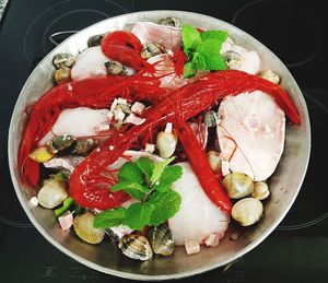 High angle view of strawberries in bowl